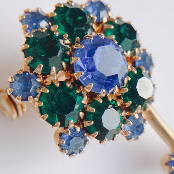 VTG Mid Century Brooch Floral Green Blue Rhinestone Gold Tone EUC - Picture 5 of 12